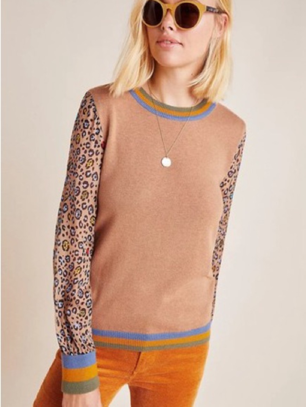 Anthropologie Classic Camel Crewneck Sweater with Leopard-Print Sleeves NWT